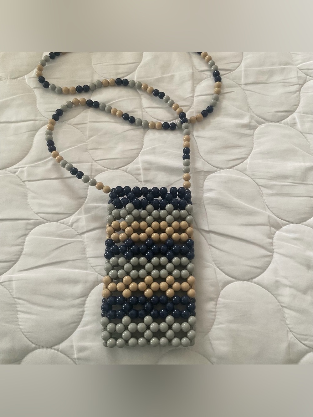 Beaded Crossbody Phone Pouch in Navy, Beige & Light Gray